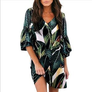 Jungle print relaxed fit dress with bell sleeves
